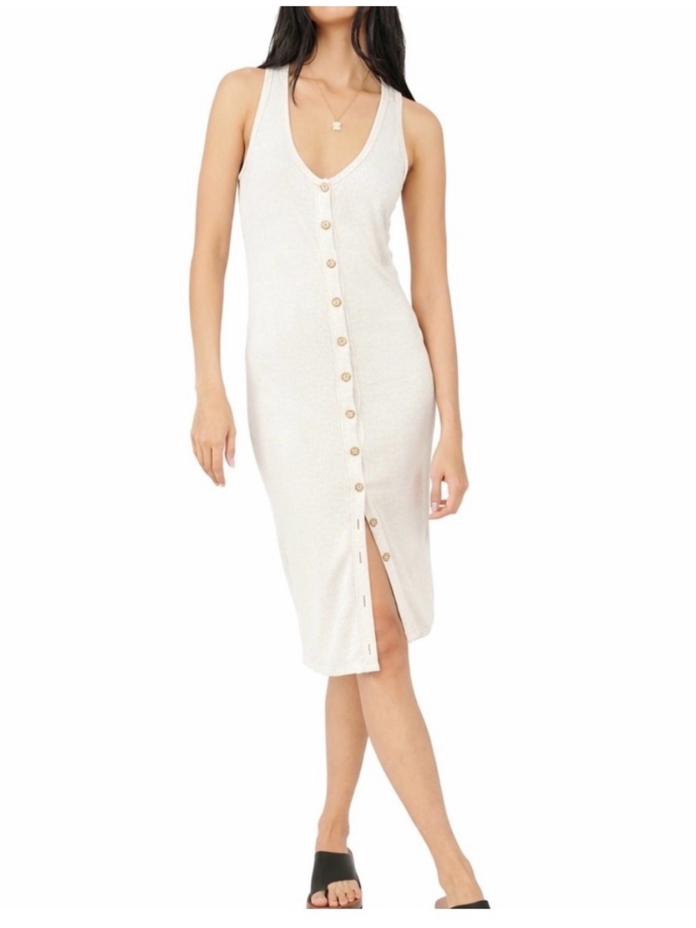 We The Free Cream Ribbed Button-Front Midi Dress